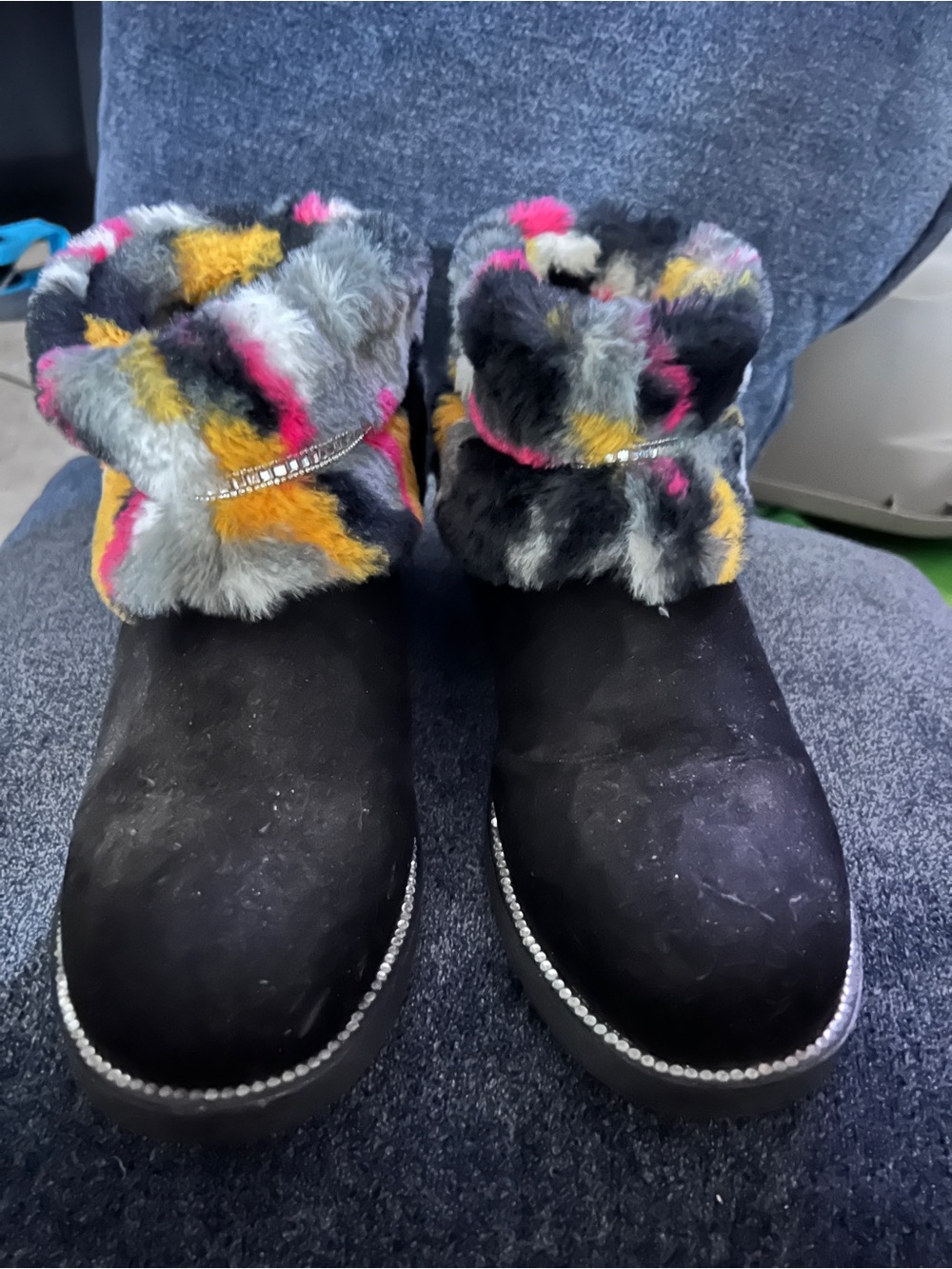 bebe Black Faux Suede Ankle Boots with Multicolor Faux Fur Cuff
